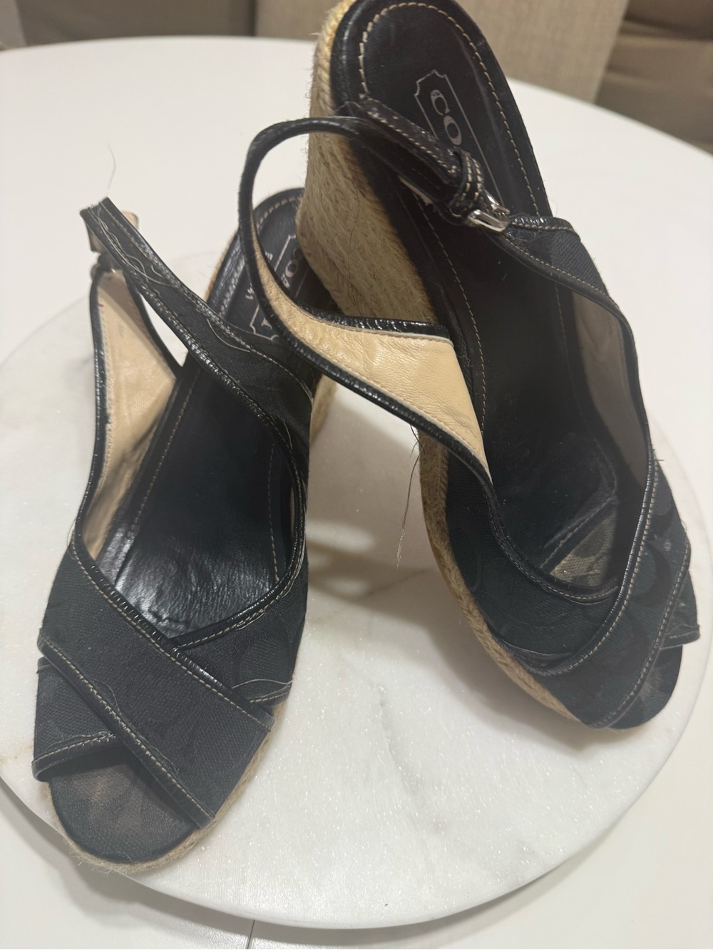 COACH Black and Beige Espadrille Wedge Sandals